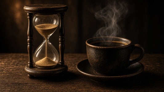 Steaming cup of black coffee beside an hourglass on a wooden table