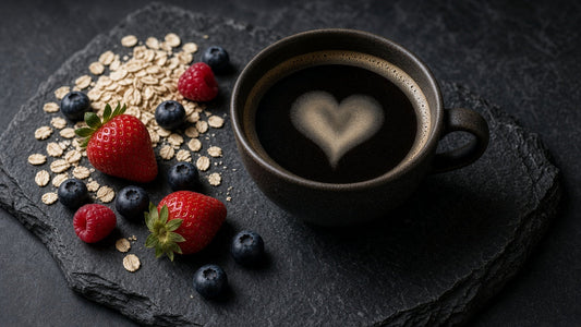 Coffee with heart-shaped latte art next to berries and oats on dark slate