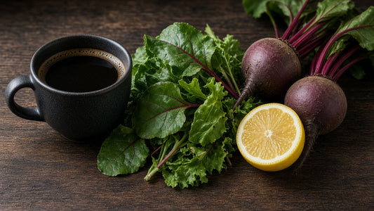 Black coffee mug with leafy greens, beets and lemon on a dark wood table