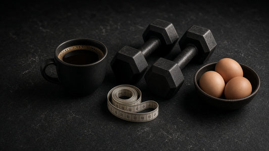 Coffee mug with dumbbells, eggs and a measuring tape on a dark surface