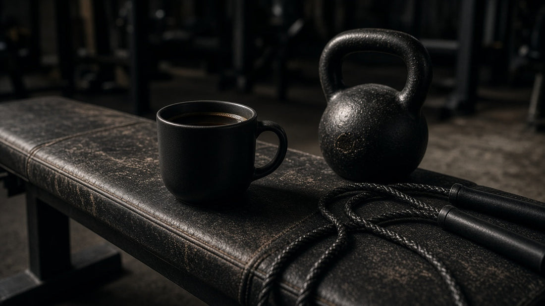 Black coffee mug and kettlebell on a gym bench