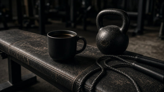 Black coffee mug and kettlebell on a gym bench