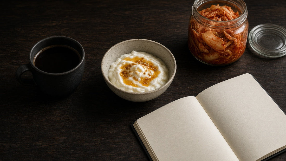 Coffee mug with yogurt, kimchi jar and an open notebook