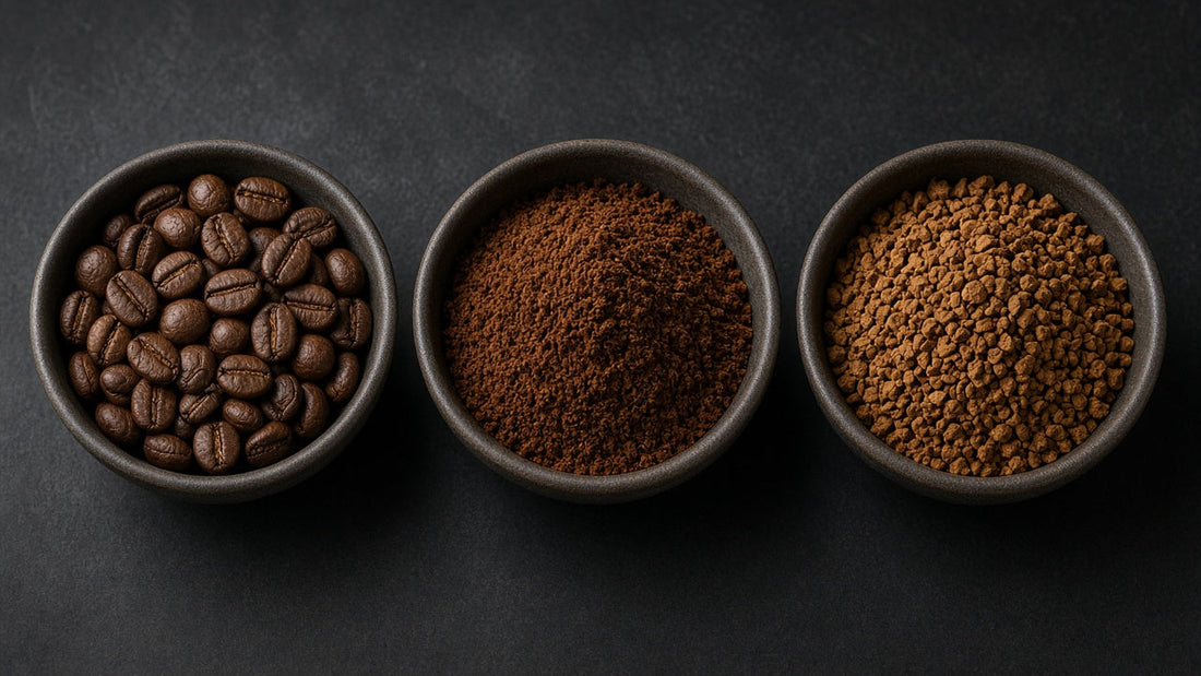 Three bowls comparing whole coffee beans, ground coffee and instant coffee