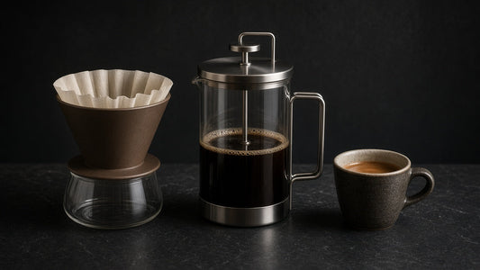Pour-over filter, French press and espresso cup side by side