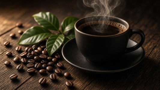 Steaming black coffee with coffee beans and coffee leaves on wood