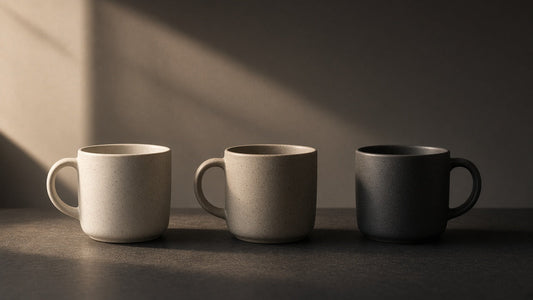 Three coffee mugs lined up in soft window light