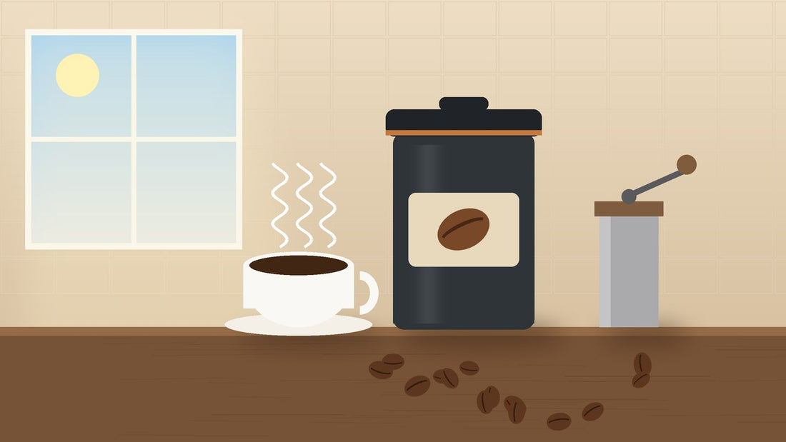 Illustration of a dark, airtight coffee canister on a kitchen counter away from a sunny window, with a hand grinder, a steaming cup of black coffee and scattered roasted beans.