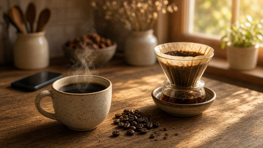 Steaming mug of coffee and pour-over brewer in morning sunlight, phone set aside