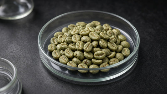 Green unroasted coffee beans in a glass lab dish